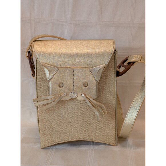 Cat Theme Gold Shoulder Bag W/ Whisker & Tail Detail Faux Leather Purse Unique - Picture 13 of 13